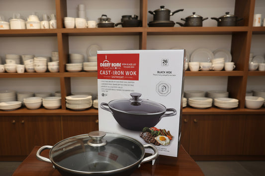 DannyHOME Premium Lightweight Cast-Iron Wok Casserole with Glass Lid