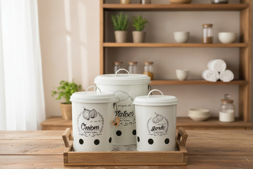 3-Piece Air-Ventilated Metal Canister Set for Potatoes, Onions & Garlic