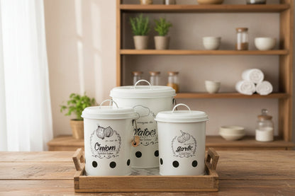 3-Piece Air-Ventilated Metal Canister Set for Potatoes, Onions & Garlic