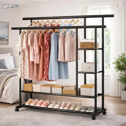 Multifunctional Double-Rod Rolling Garment Rack with Side Shelves - My Store