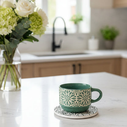 Danny Home™ Embossed Ceramic Tea Cup & Saucer 6 pcs Set – 230ml