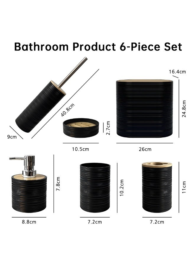 Modern 6-Piece Bathroom Accessories Set – Matte Black & Bamboo