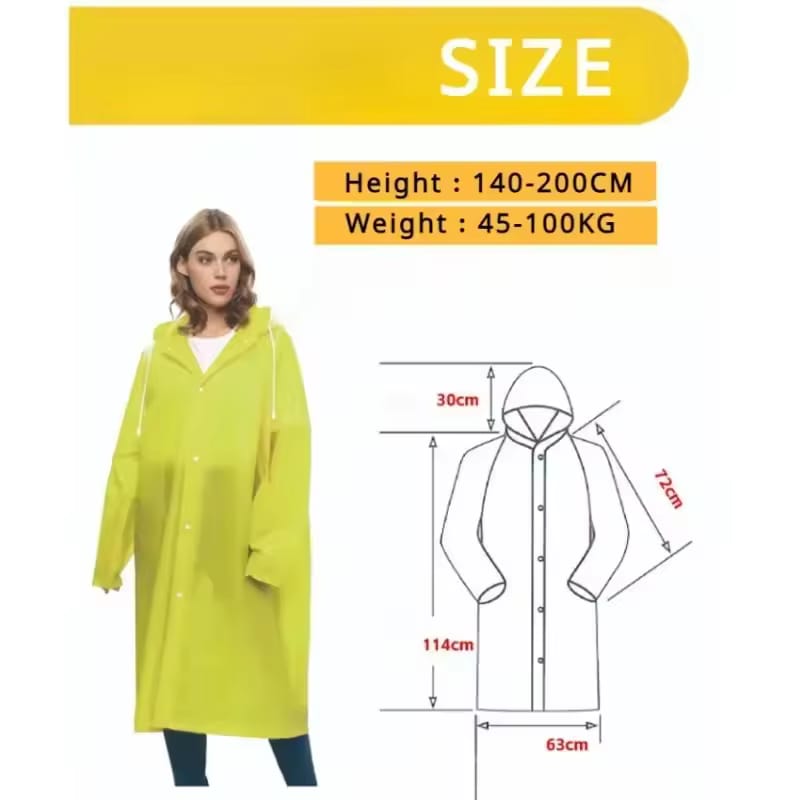 Unisex Lightweight Reusable Waterproof Pocket Raincoat with Hood & Drawstring