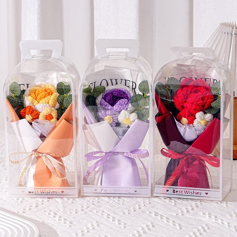 Everlasting Hand-Woven Crochet Flower Bouquet with Mini Bear
