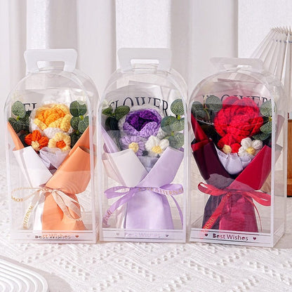 Everlasting Hand-Woven Crochet Flower Bouquet with Mini Bear
