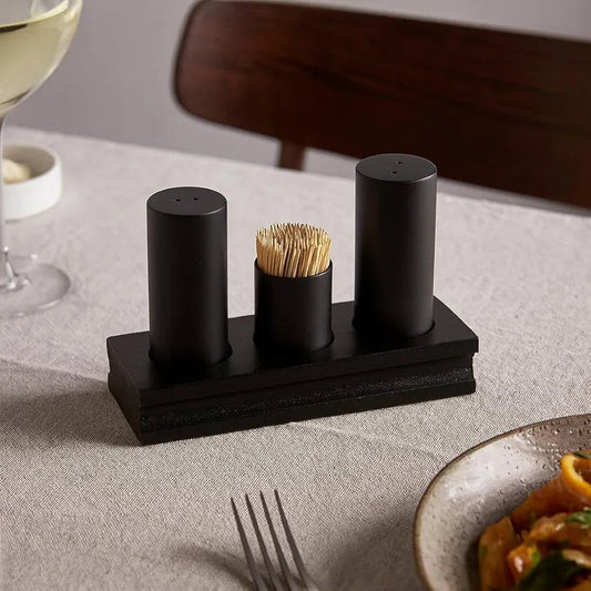 Modern Matte Black Marble Salt & Pepper Shaker Set with Toothpick Holder & Wooden Base