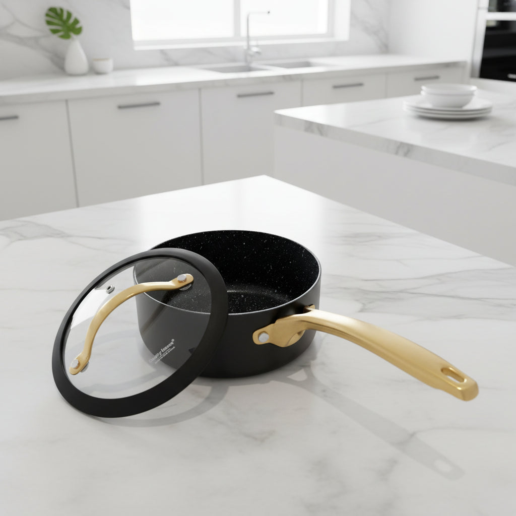 Danny Home Premium Non-Stick Forged Aluminum Saucepan with Tempered Glass Lid (Gold Handle Series) - My Store