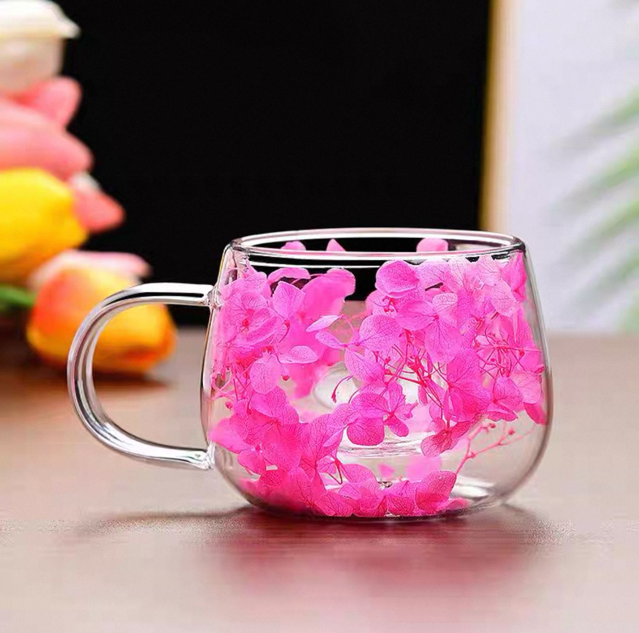 🌸 Double Wall Glass Mug with Dried Flowers (450ml)