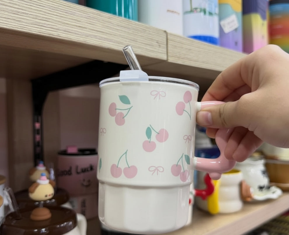 7-Inch Cherry & Ribbon Ceramic Mug with Lid & Glass Straw