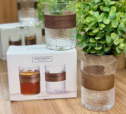 Danny Home Pro Textured Glass Cup Set with Wooden Sleeve – 2 Pieces (310ml)