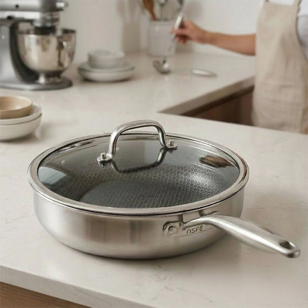 OSFE Tri-Ply Stainless Steel Deep Fry Pan with Lid | Honeycomb Non-Stick Technology - My Store