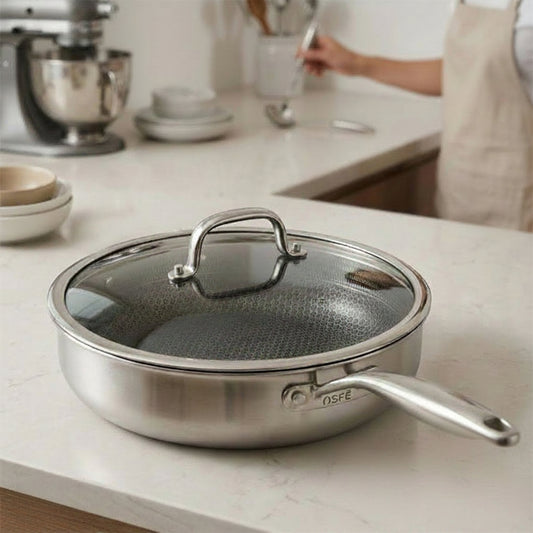OSFE Tri-Ply Stainless Steel Deep Fry Pan with Lid | Honeycomb Non-Stick Technology - My Store