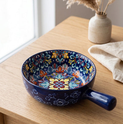 Handcrafted 6-Inch Bohemian Ceramic Handled Soup & Salad Bowl