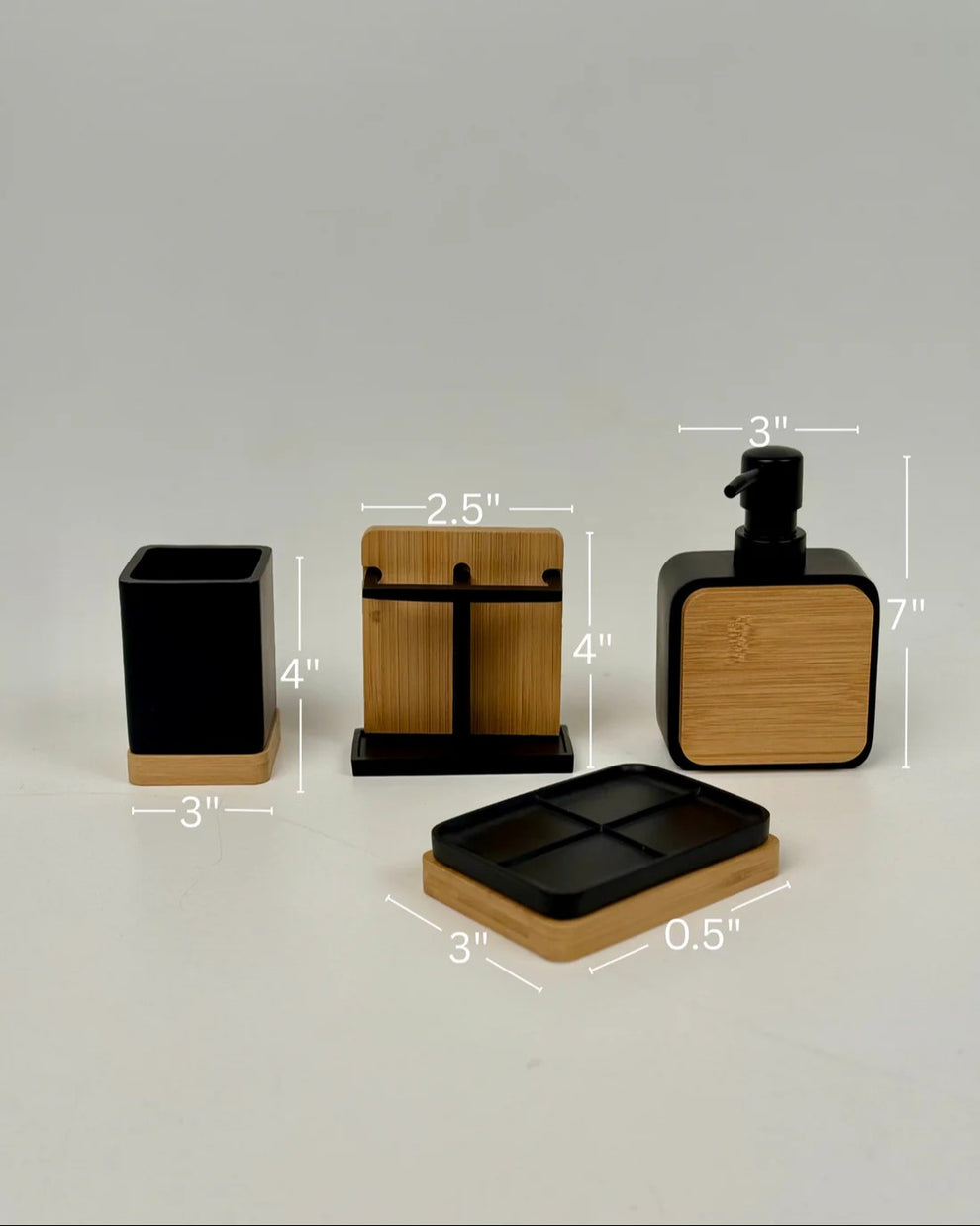 Modern Bamboo & Matte Black Bathroom Accessory Set (4-Piece)