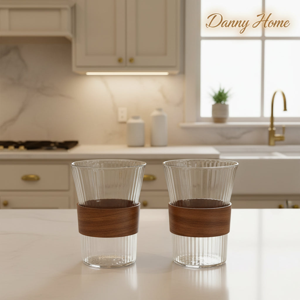 Danny Home Pro Ribbed Glass Cup Set with Wooden Sleeves – 2 Pcs