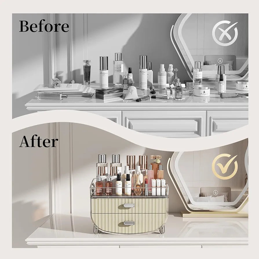 2-Tier Fluted Makeup Organizer with Drawers – Cream & Silver - My Store