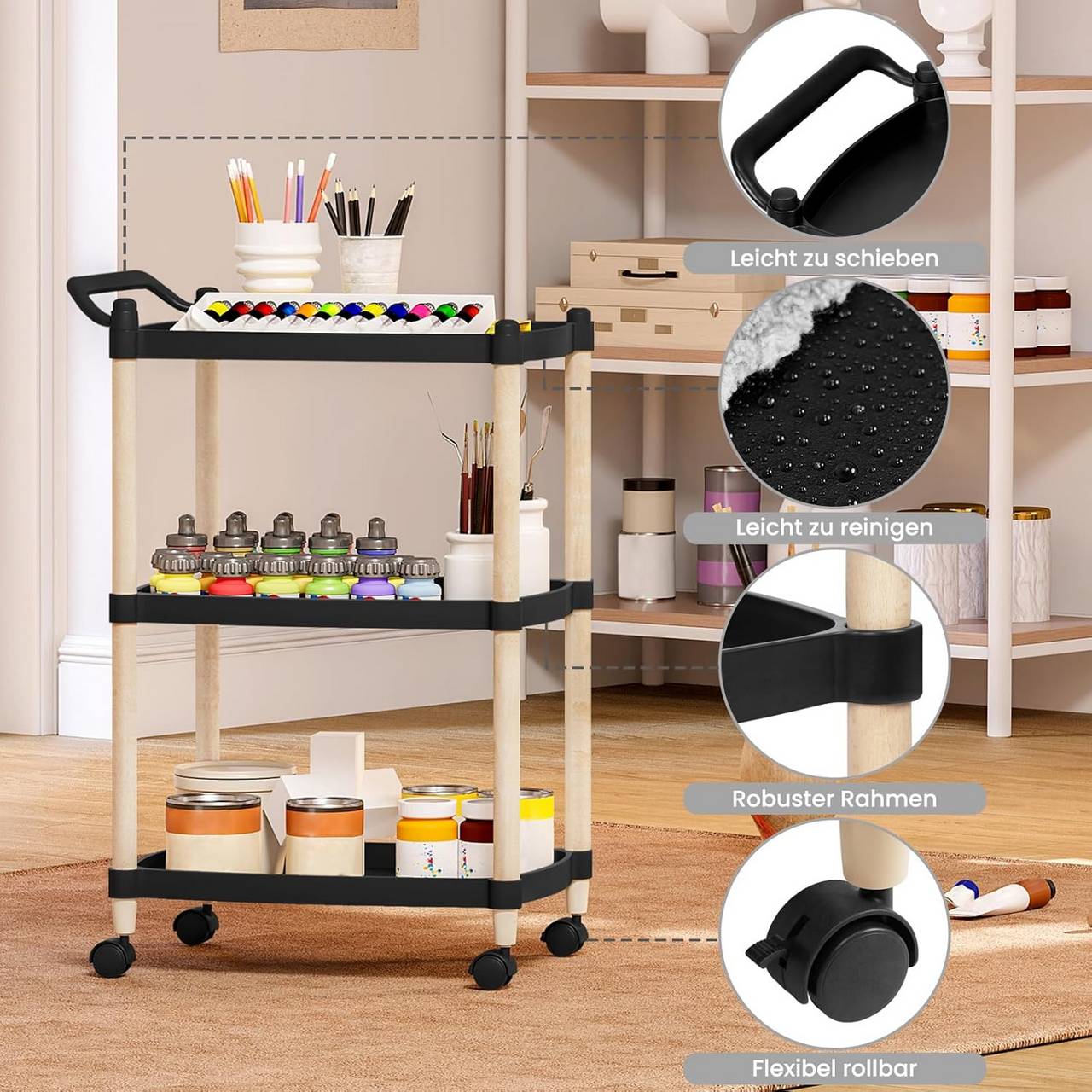 3-Tier Scandi-Style Rolling Utility Cart