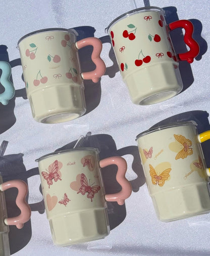 7-Inch Cherry & Ribbon Ceramic Mug with Lid & Glass Straw