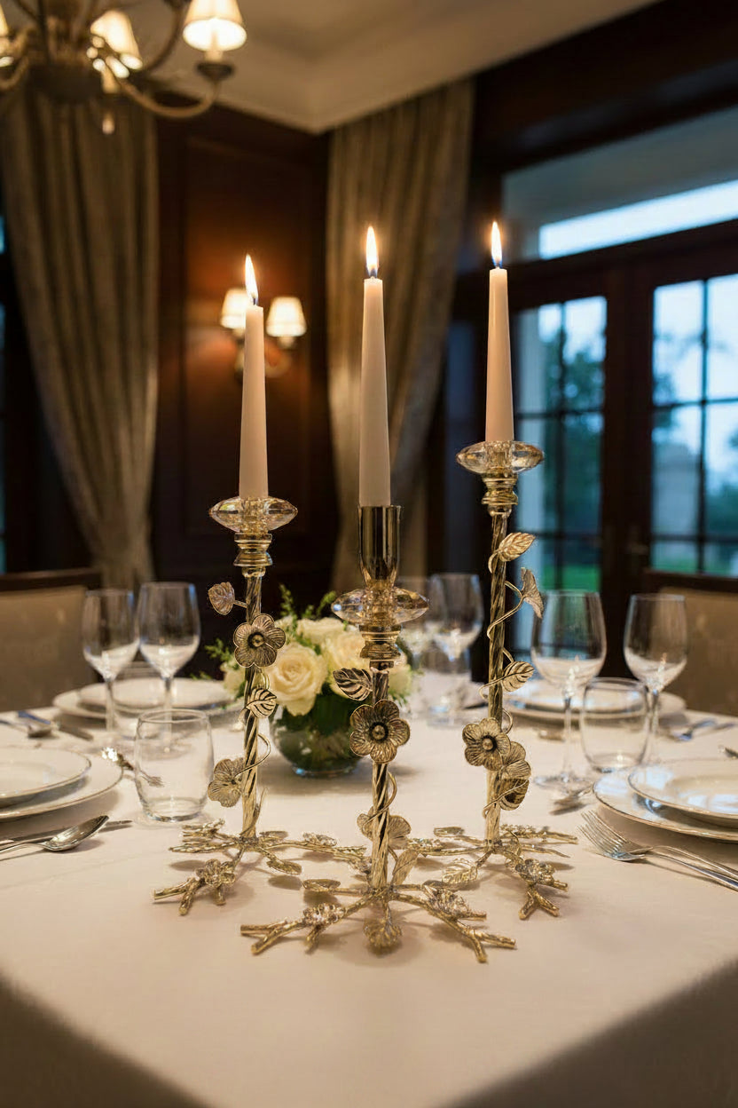 Luxury 3-Piece Floral Gold Taper Candle Holder Set - My Store
