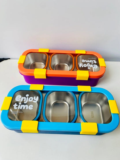 Stainless Steel 3-Compartment Bento Lunch Box with Hidden Cutlery Drawer