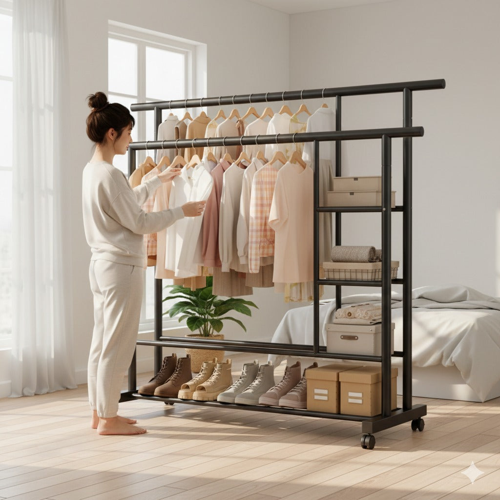 Multifunctional Double-Rod Rolling Garment Rack with Side Shelves - My Store