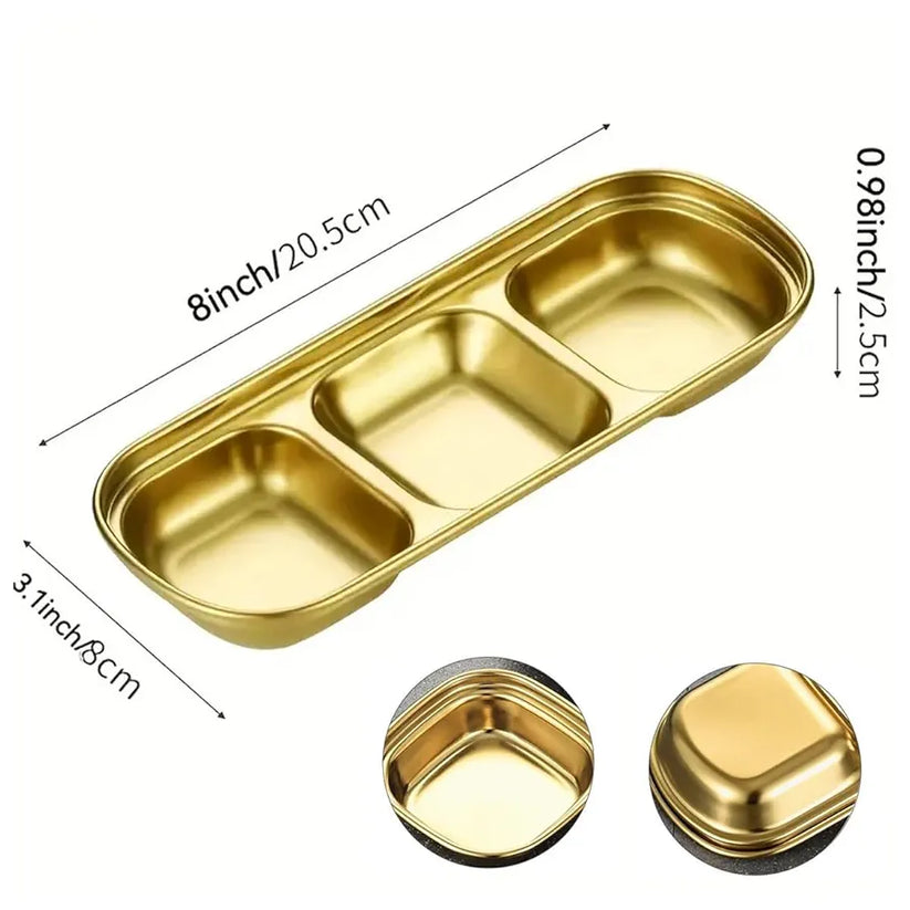 3-Compartment Stainless Steel Sauce & Condiment Tray (Golden) - My Store