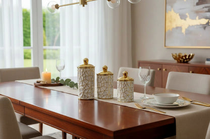 3 Pcs Geometric Luxury Airtight Jar Set – White & Gold - My Store