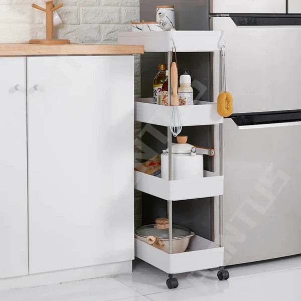 4 Layer Gap Kitchen Storage Trolley Rack Slim Slide Tower Movable Assemble Plastic Bathroom Shelf Wheels