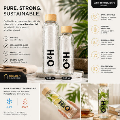 H2O Premium Borosilicate Glass Water Bottle with Bamboo Lid