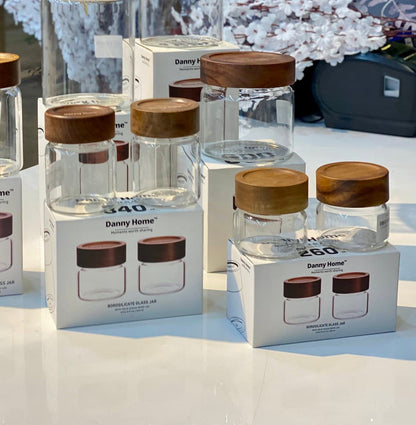 Danny Home Premium Borosilicate Glass Storage Jar Set (2 Pcs) – 340ml | Acacia Wood Lid