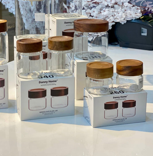 Danny Home Premium Borosilicate Glass Storage Jar Set (2 Pcs) – 340ml | Acacia Wood Lid