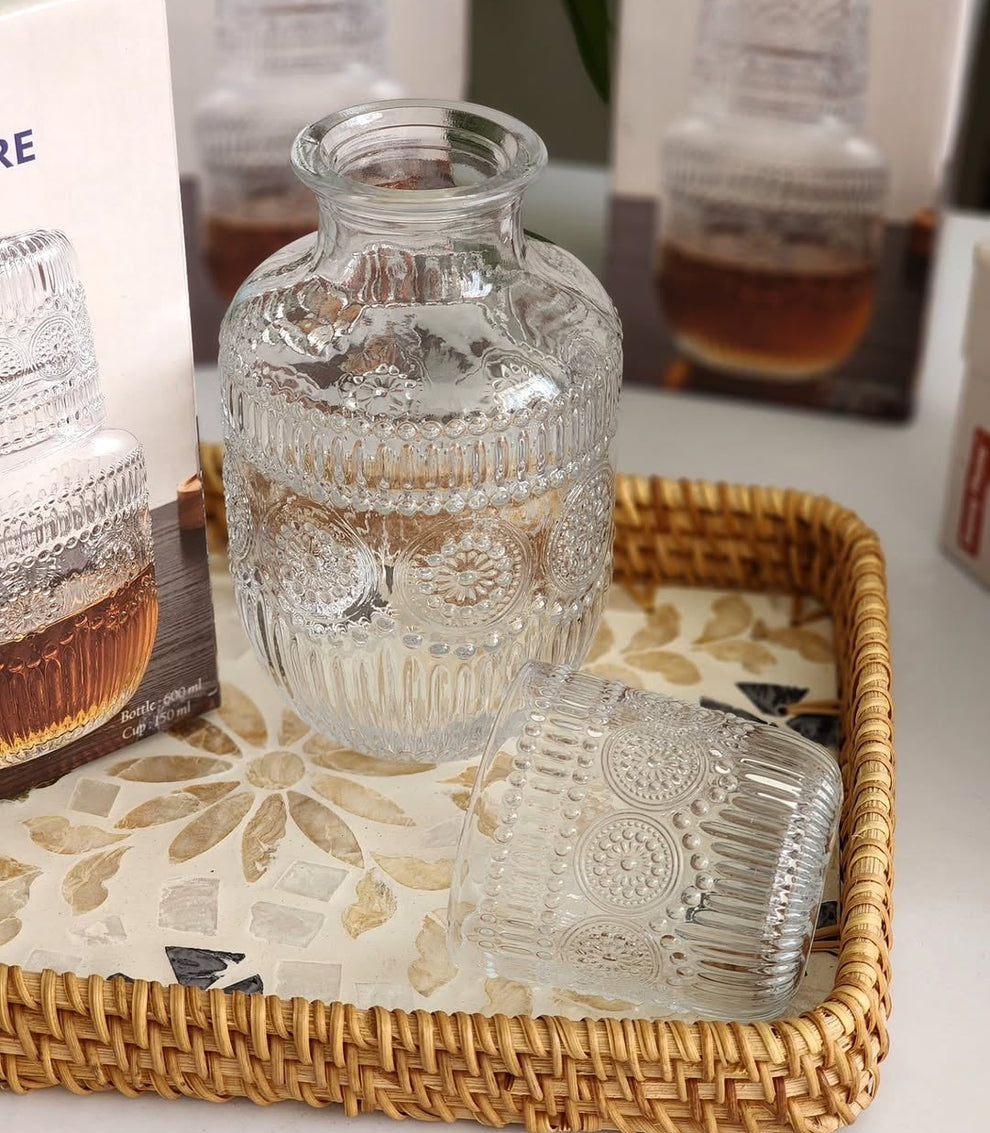 Danny Home Luxury Embossed Glass Bedside Carafe Set (600ml)