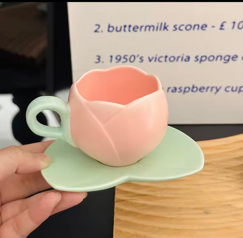Tulip Ceramic Coffee Cup & Leaf Saucer Set