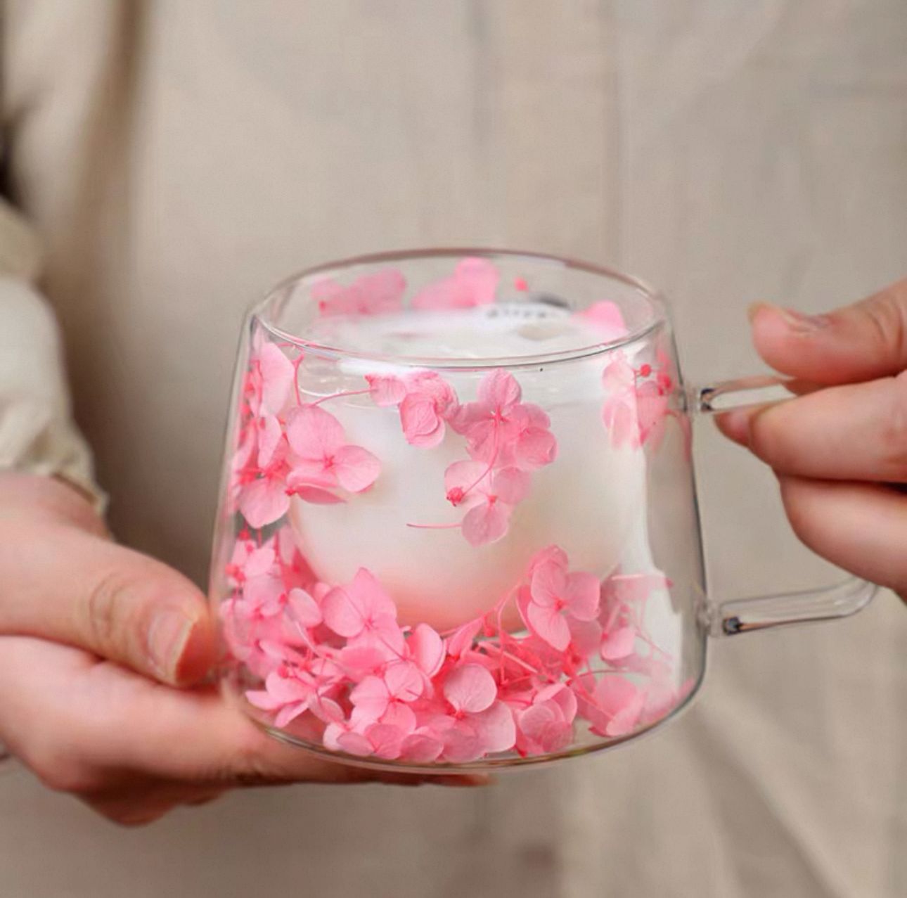 🌸 Double Wall Glass Mug with Dried Flowers (450ml)