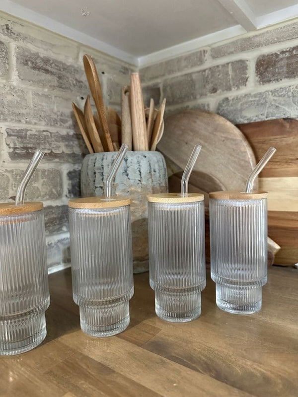 Ribbed Drinking Glasses with Bamboo Lids and Straws  400ML - My Store