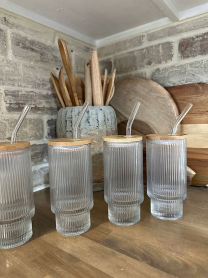 Ribbed Drinking Glasses with Bamboo Lids and Straws  400ML - My Store