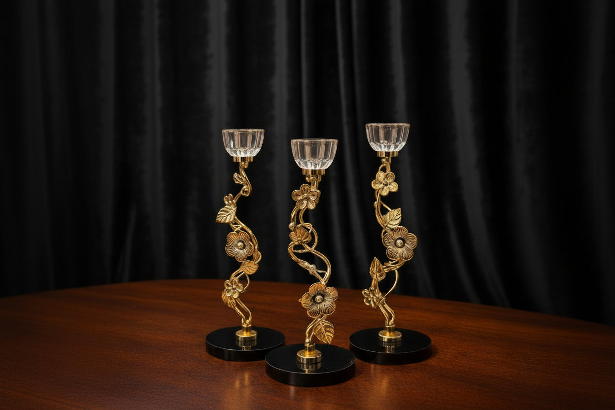 Elegant Floral Metal & Glass Candle Stand Set (3 Pcs) - My Store