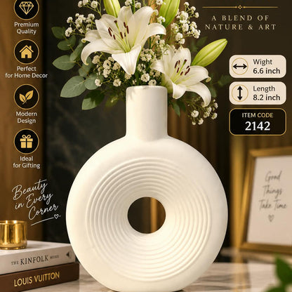 Modern Ribbed Ceramic Donut Vase – Matte White