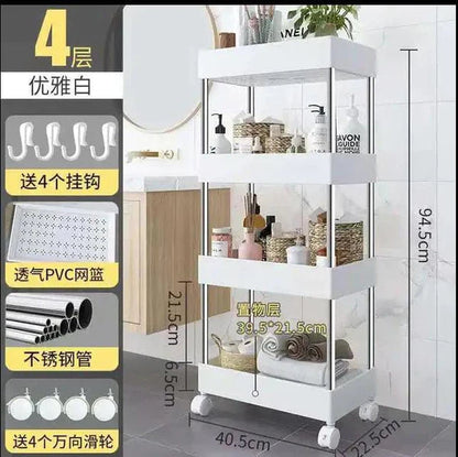 4 Layer Gap Kitchen Storage Trolley Rack Slim Slide Tower Movable Assemble Plastic Bathroom Shelf Wheels