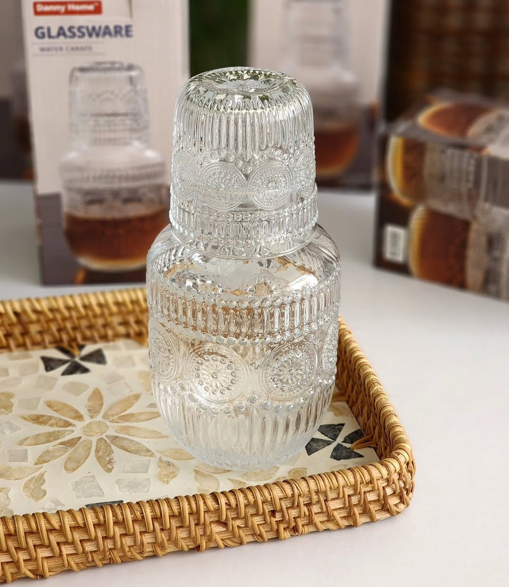 Danny Home Luxury Embossed Glass Bedside Carafe Set (600ml)