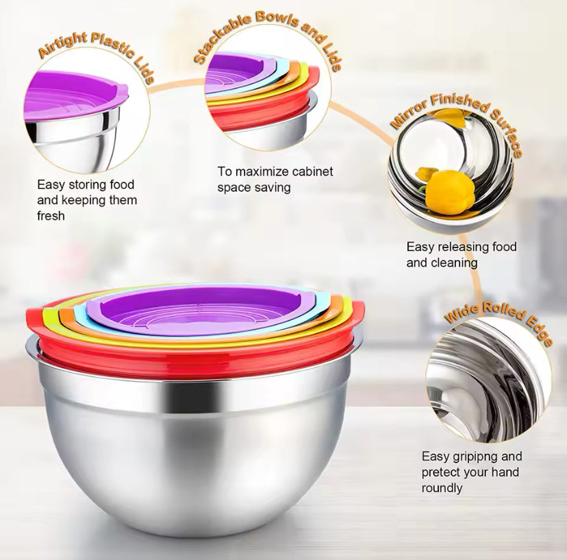 Set Of 5 Stainless Steel Mixing Bowl With Lid, - My Store