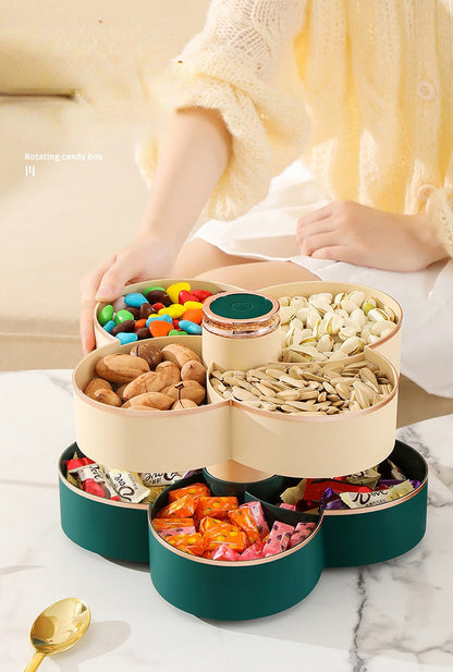 2 layer rotating dry fruit tray is a beautifully designed flower-shaped storage organizer