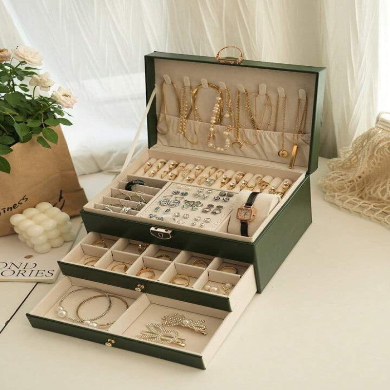 3-layer luxury Leather jewellery organizer with drawers