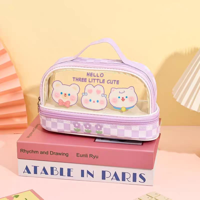 Three Little Cute Double-Layer Pencil Case – Pastel Purple - My Store