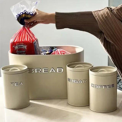 Vintage 4-Piece Kitchen Storage Set (Bread Box + Tea, Coffee & Sugar Canisters)