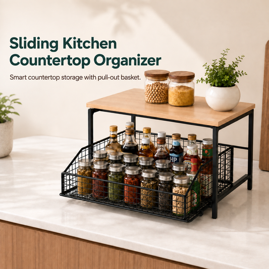 2-Tier Wooden Countertop Organizer with Sliding Mesh Basket