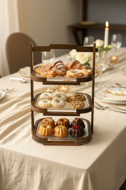 Walnut Elegance 3-Tier Glass Serving & Display Stand