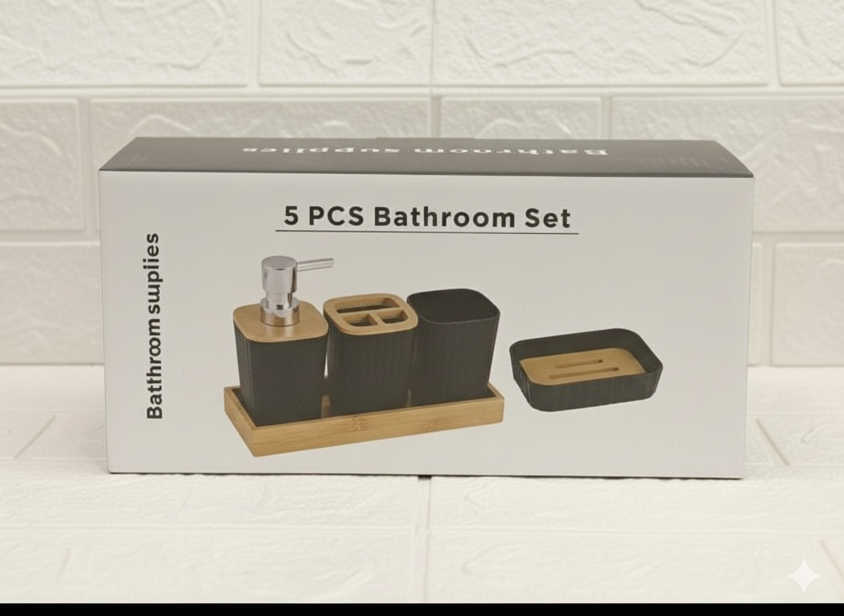 5 PCS Bathroom Accessories Set – Bamboo - My Store