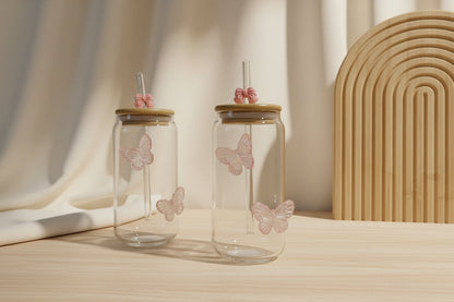 Generic Aesthetic Glass Tumbler with Straw – Pink Butterfly Design (550ml)