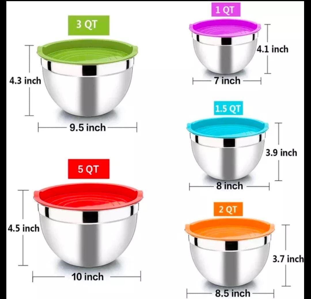 Set Of 5 Stainless Steel Mixing Bowl With Lid, - My Store